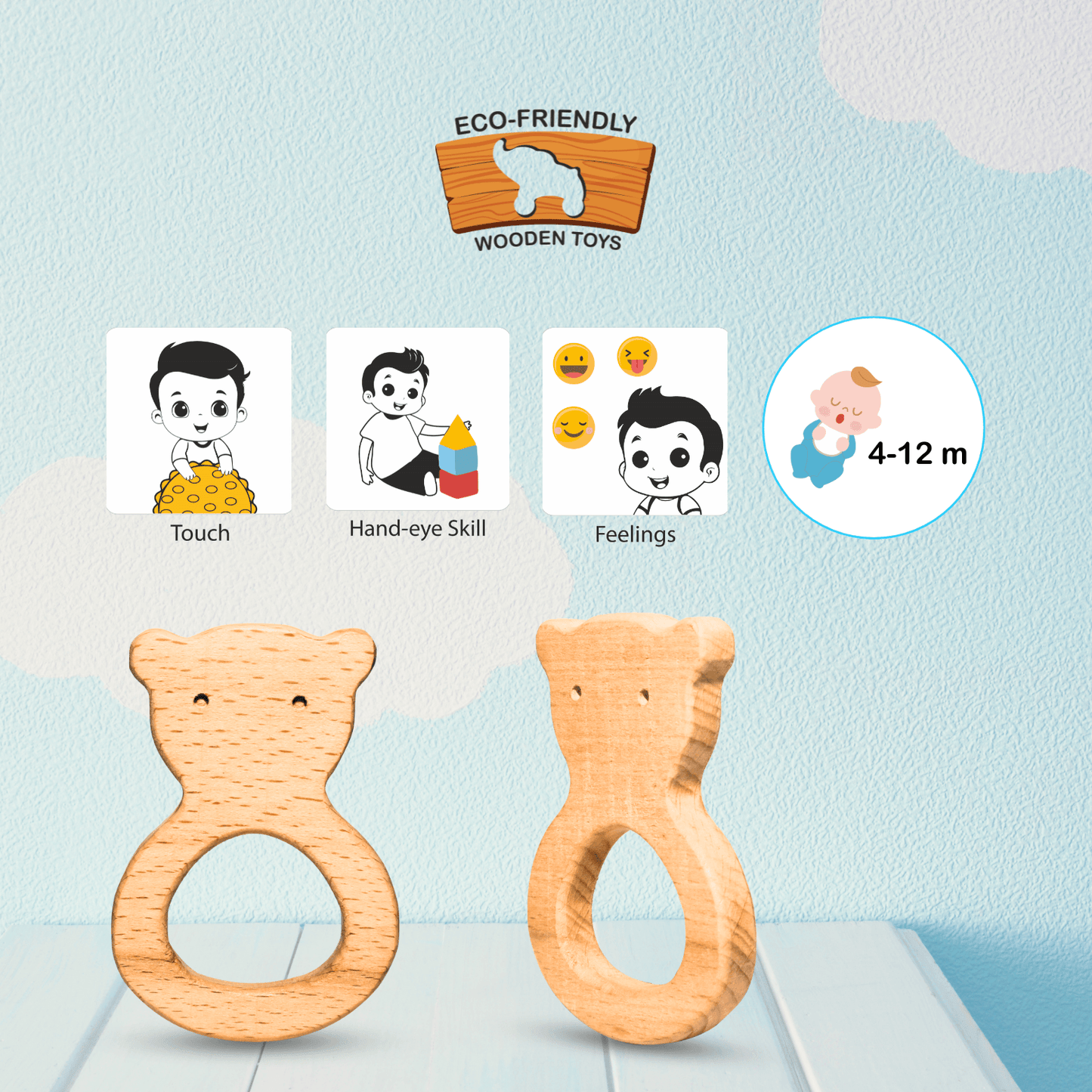 Toy Eco-Friendly Wooden Teddy Teether for 6-12 Month Infants