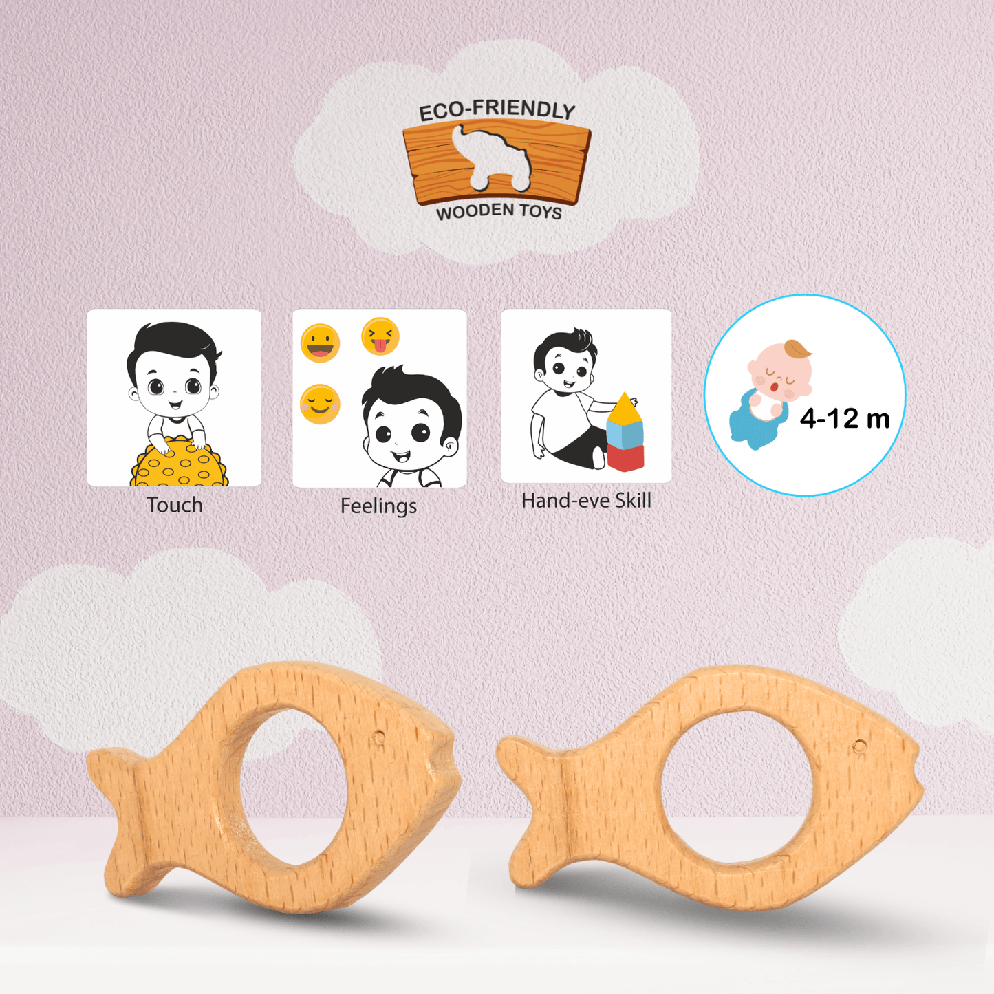 Toy Fish Teether for 6-12 Month Infants | Safe Wooden Baby Teether