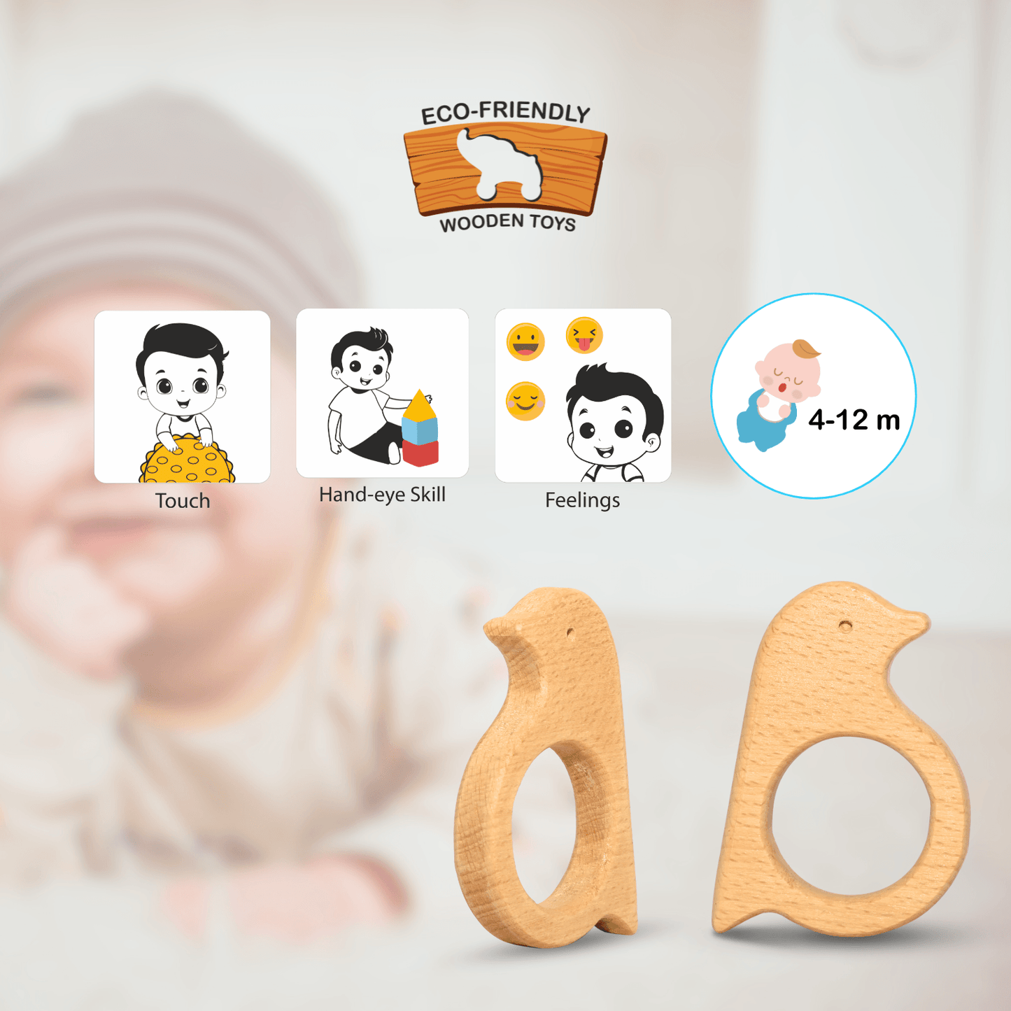 Toy Eco-Friendly Wooden Sparrow Teether for 6-12 Month Infants