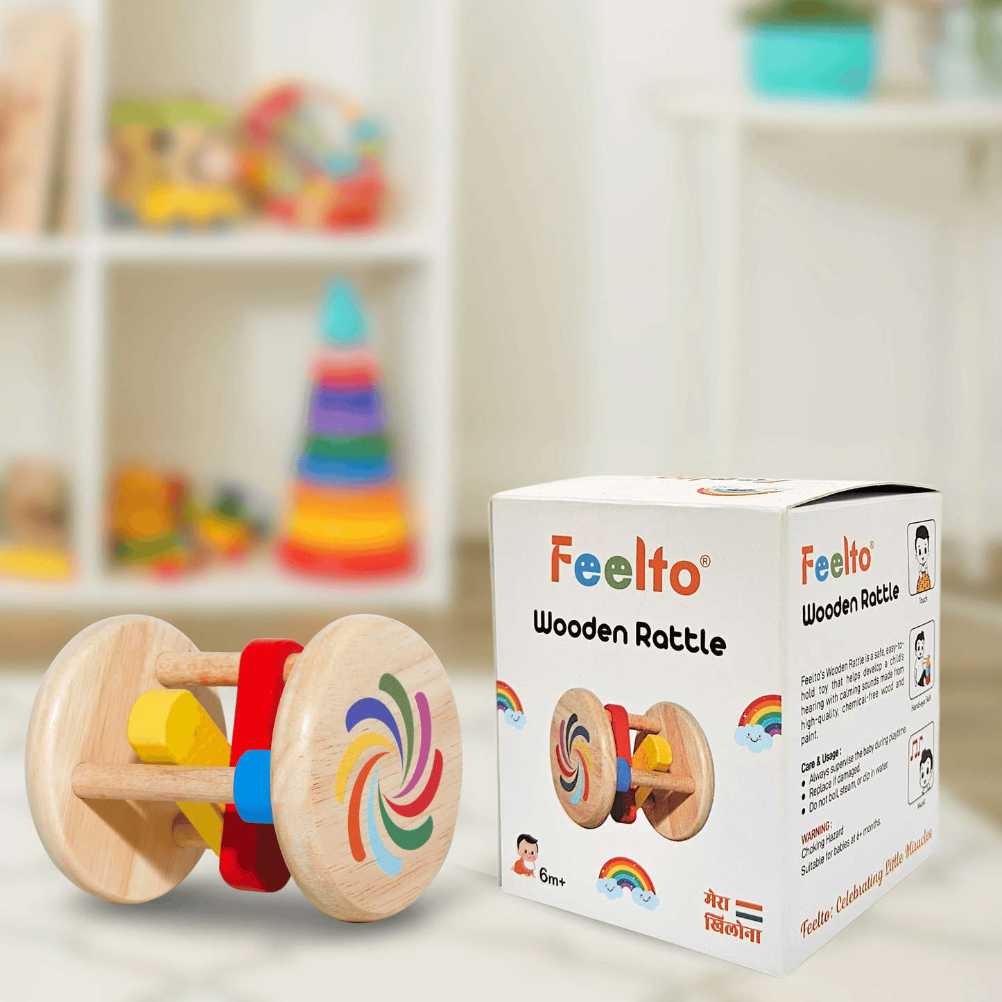 Toy Wooden Stick Rattle for Infants 6-12 Months | Safe Wooden Baby Toy