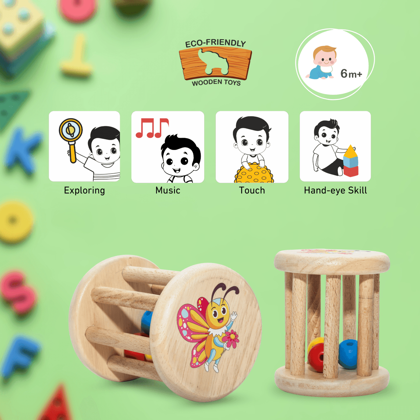 Toy Eco-Friendly Wooden Tic Tac Rattle for Infants & Toddlers
