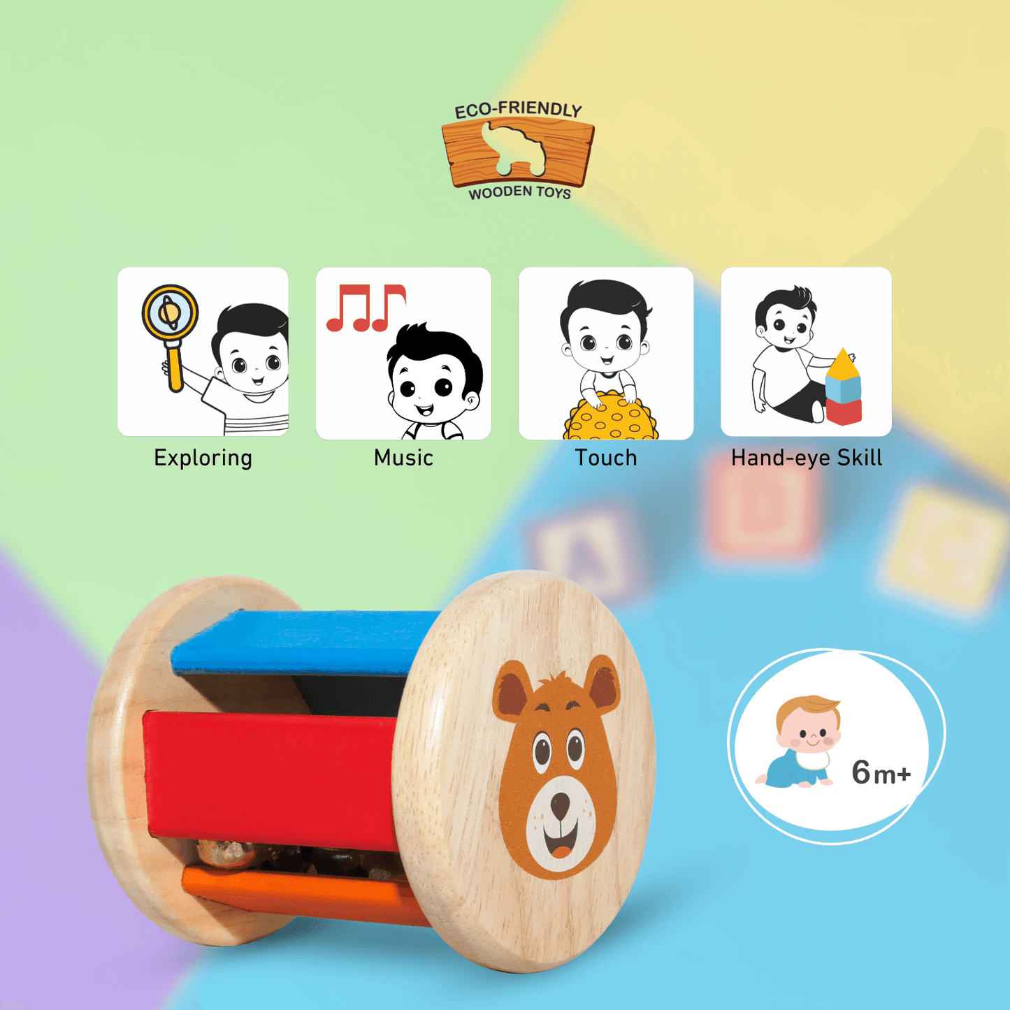Toy Wooden Roller Rattle - Safe & Engaging Toy for Infant
