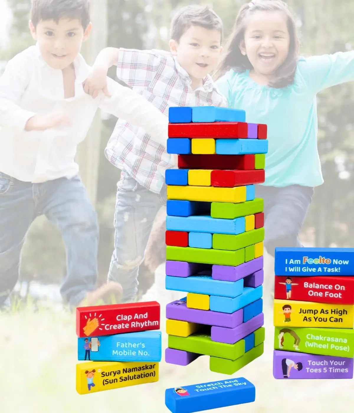 Toy Kids Activity Tower Block – 54 Wooden Jenga Style Educational Blocks for Fun, Learning & Fitness (Age 4+)