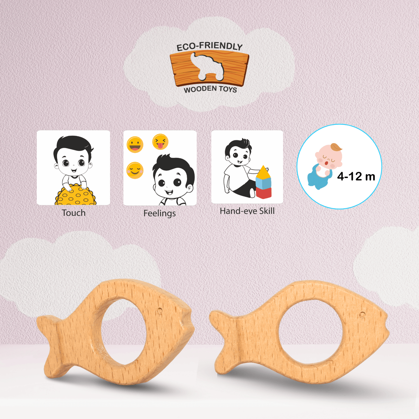 Toy Fish Teether for 6-12 Month Infants | Safe Wooden Baby Teether