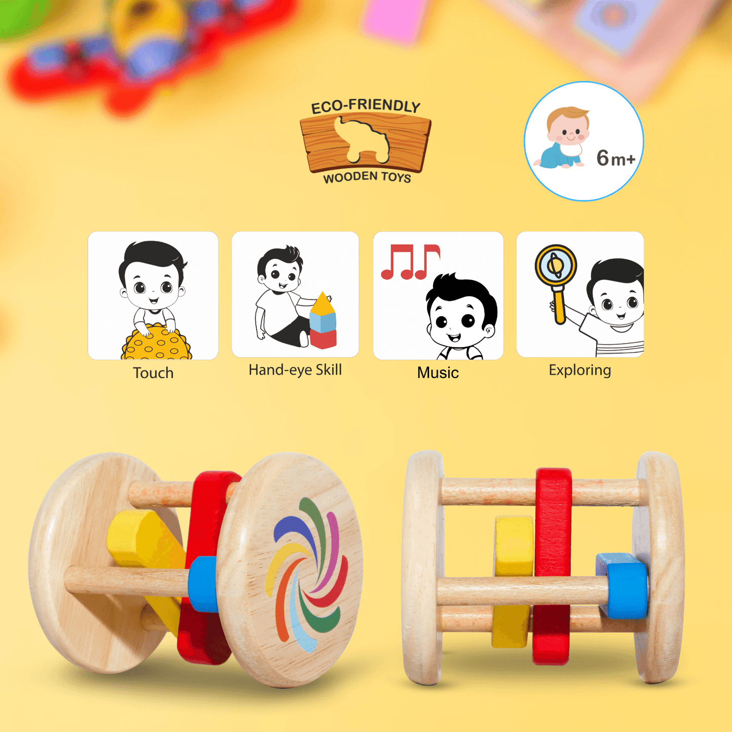 Toy Wooden Stick Rattle for Infants 6-12 Months | Safe Wooden Baby Toy