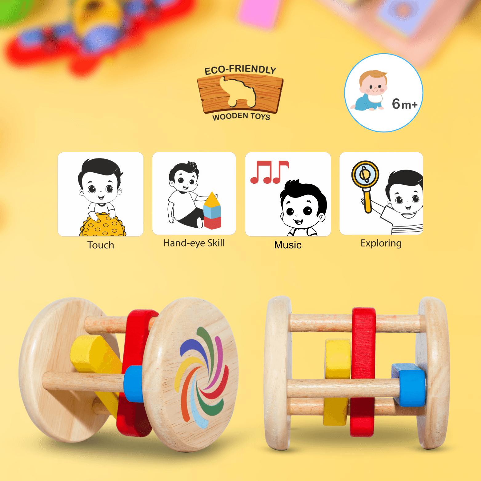 Toy Wooden Stick Rattle for Infants 6-12 Months | Safe Wooden Baby Toy